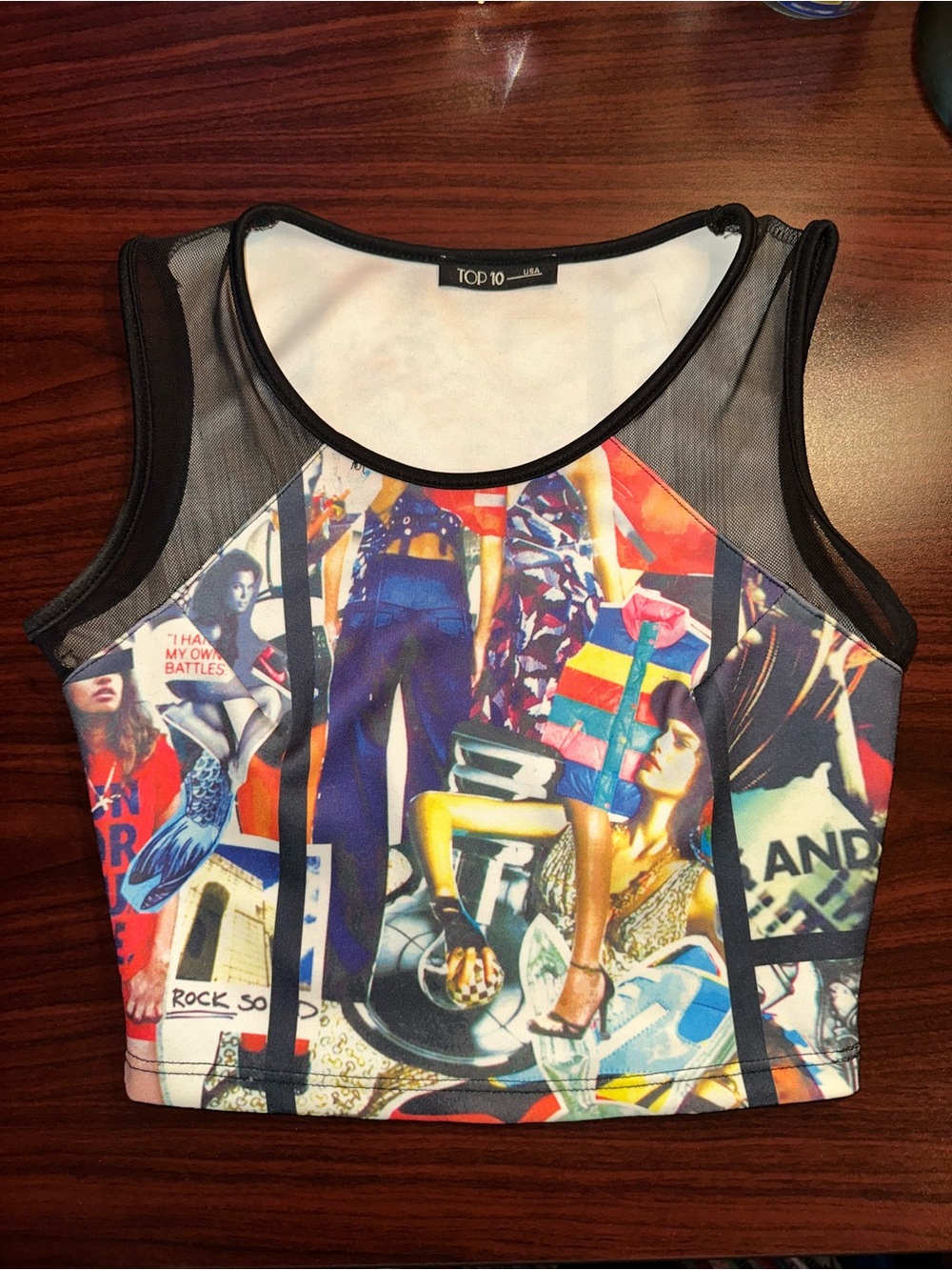 Top 10 USA Graphic Photo Collage Mesh Panel Sleeveless Crop Top Y2K Streetwear
